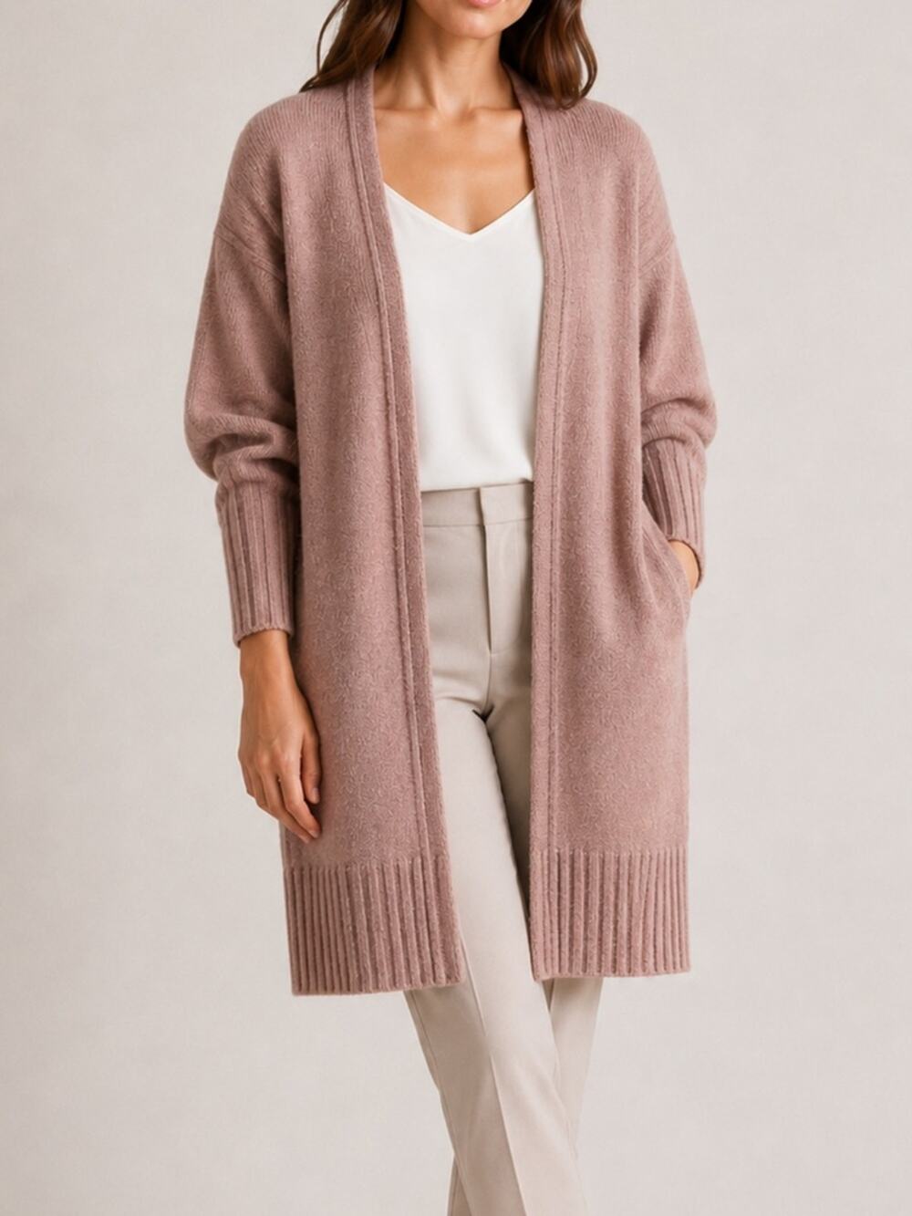 Blush Pink Longline Open Front Cardigan Ribbed Knit Size 10